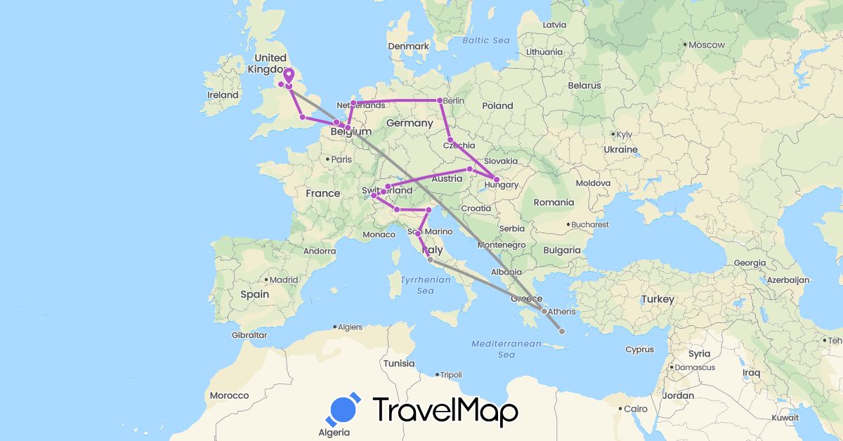 TravelMap itinerary: driving, plane, train in Austria, Belgium, Switzerland, Czech Republic, Germany, United Kingdom, Greece, Hungary, Italy, Netherlands (Europe)